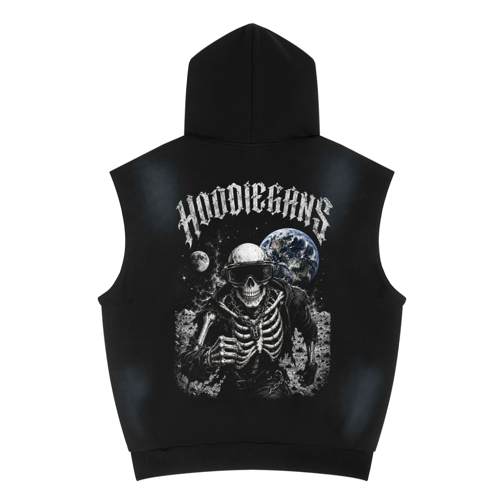 Skeletor On The Moon Unisex Vintage Wash Sun Fade Sleeveless Hoodie